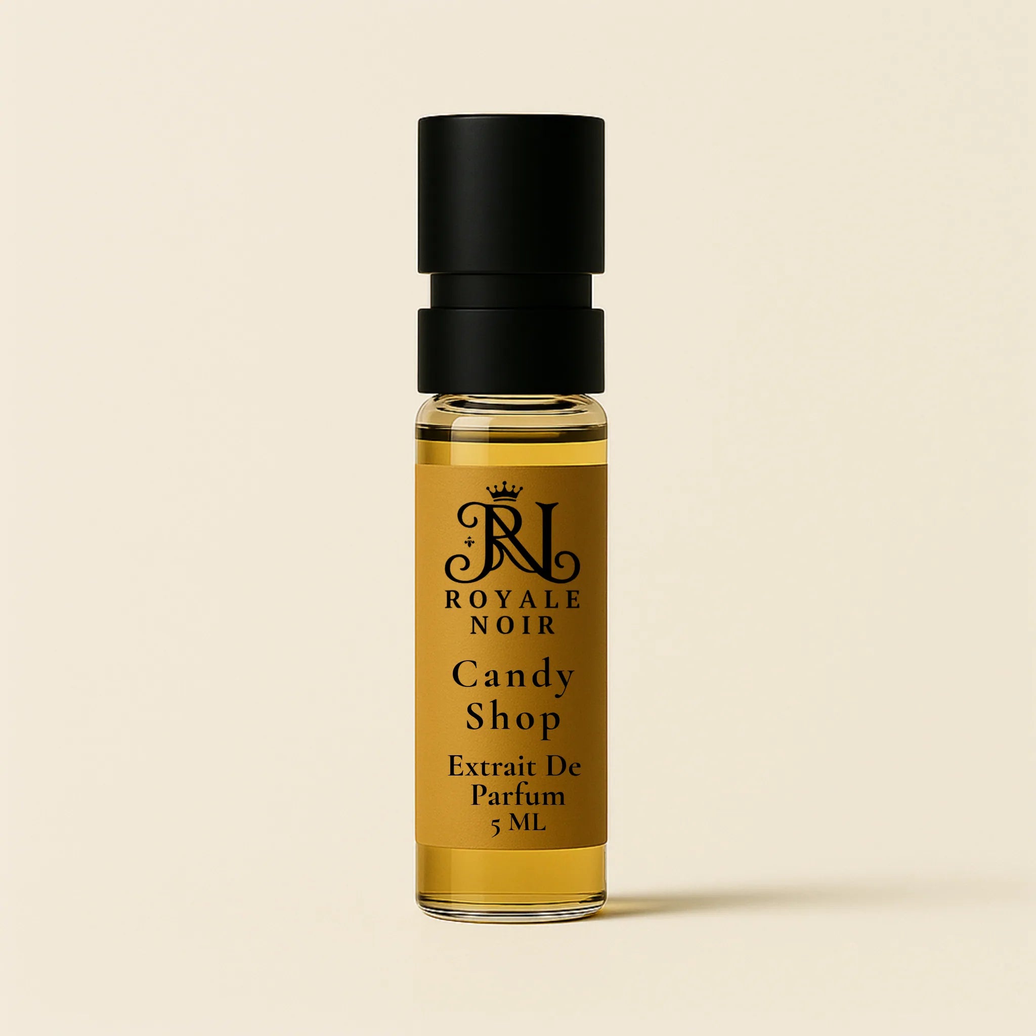 Royale Noir Candy Shop 5ML perfume Tester Bottle on a beige background