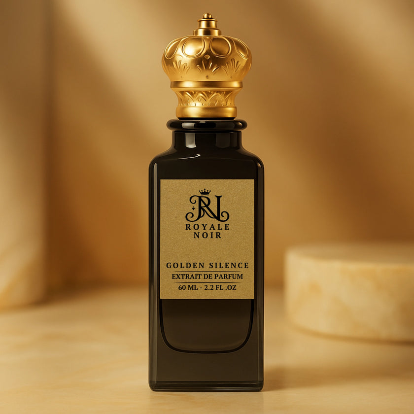 A black perfume bottle labeled