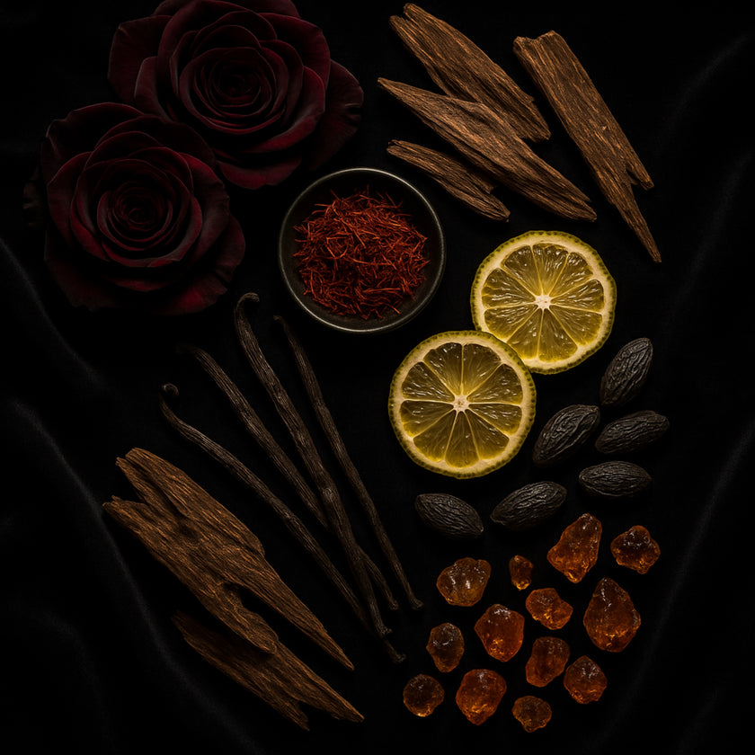 An assortment of fragrant ingredients is arranged on a black background. Two dark red roses are positioned at the top left. Below the roses are vanilla pods, and to the right are long pieces of wood. In the center, there is a black bowl containing saffron threads. To the right, there are two slices of lemon, a row of black tonka beans, and amber resin pieces. The composition is the royale noir luxurious and rich blends.