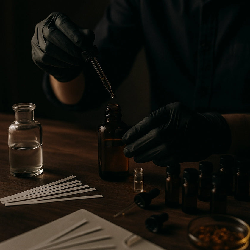 The image depicts a person wearing black gloves using a dropper to add liquid to a small amber bottle. The royale noir lab setting includes a variety of other small bottles, a larger clear bottle, and several scent strips on a wooden table. The atmosphere is dark and focused, suggesting a meticulous, professional environment for creating or testing fragrances.