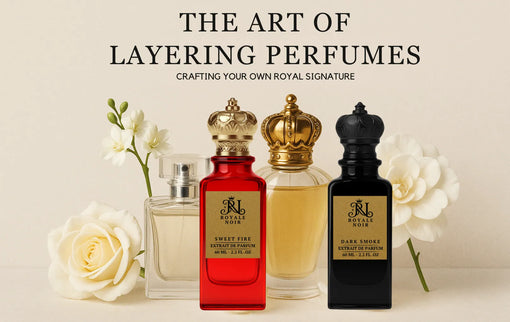 Three perfume bottles with gold crowns and flowers on a beige background, promoting 'The Art of Layering Perfumes' by Royale Noir.