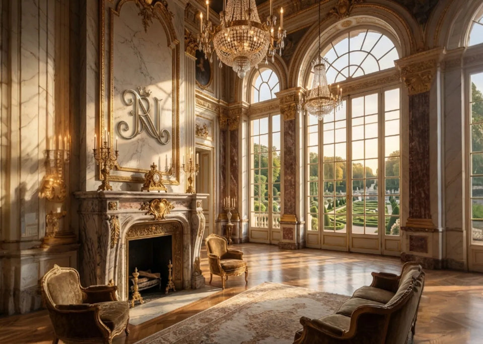 Royale Noir Logo in a Luxurious interior of a grand room with marble fireplace, ornate mirror, and large windows.