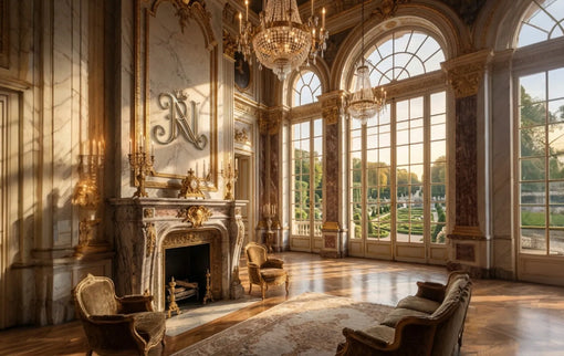 Royale Noir Logo in a Luxurious interior of a grand room with marble fireplace, ornate mirror, and large windows.