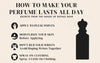 Infographic on how to make perfume last all day with a silhouette of a royale noir perfume bottle.