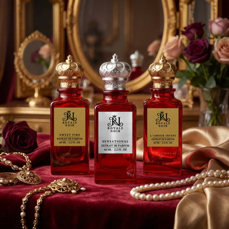 Royale Noir feminine fragrance collection with luxurious red glass bottles, gold labels, and crown-shaped caps in a refined interior setting