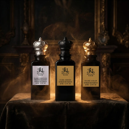 Royale Noir masculine perfume collection displayed in a dark background with smoke effect.