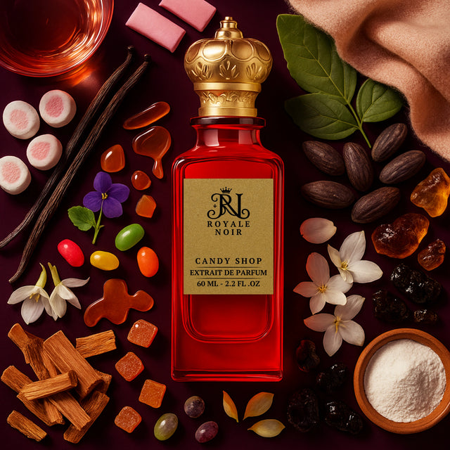 A luxurious red glass perfume bottle with a gold crown-shaped cap, labeled “Royale Noir – Candy Shop Extrait de Parfum, 60 mL – 2.2 FL. OZ.” The bottle is arranged on a rich burgundy background surrounded by candy and gourmand ingredients: assorted colorful jelly beans, marshmallows, pink chewing gum, caramel candies, pieces of brown sugar, vanilla beans, cacao beans, white jasmine flowers, wood sticks, a small bowl of white powder, dark dried fruits, green leaves, and a purple violet flower.