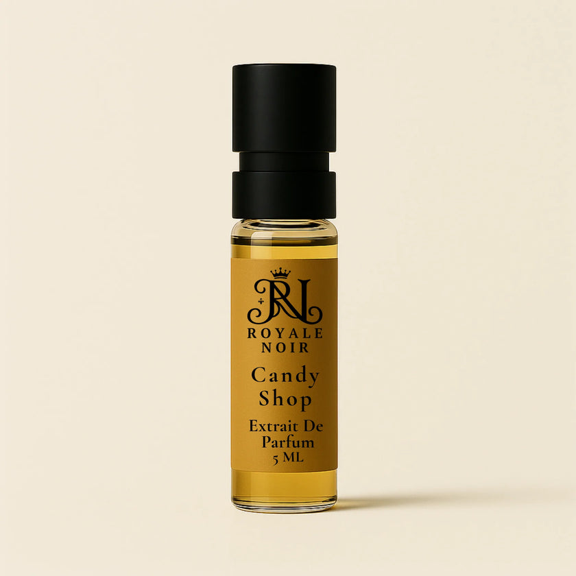 Royale Noir Candy Shop 5ML perfume Tester Bottle on a beige background