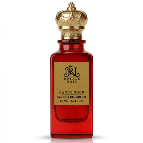 Candy Shop Extrait De Parfum by Royale Noir – Elegant Fragrance in Transparent Red Bottle With Gold Label And Gold Crown Cap.