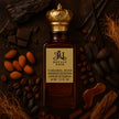 A brown perfume bottle labeled 