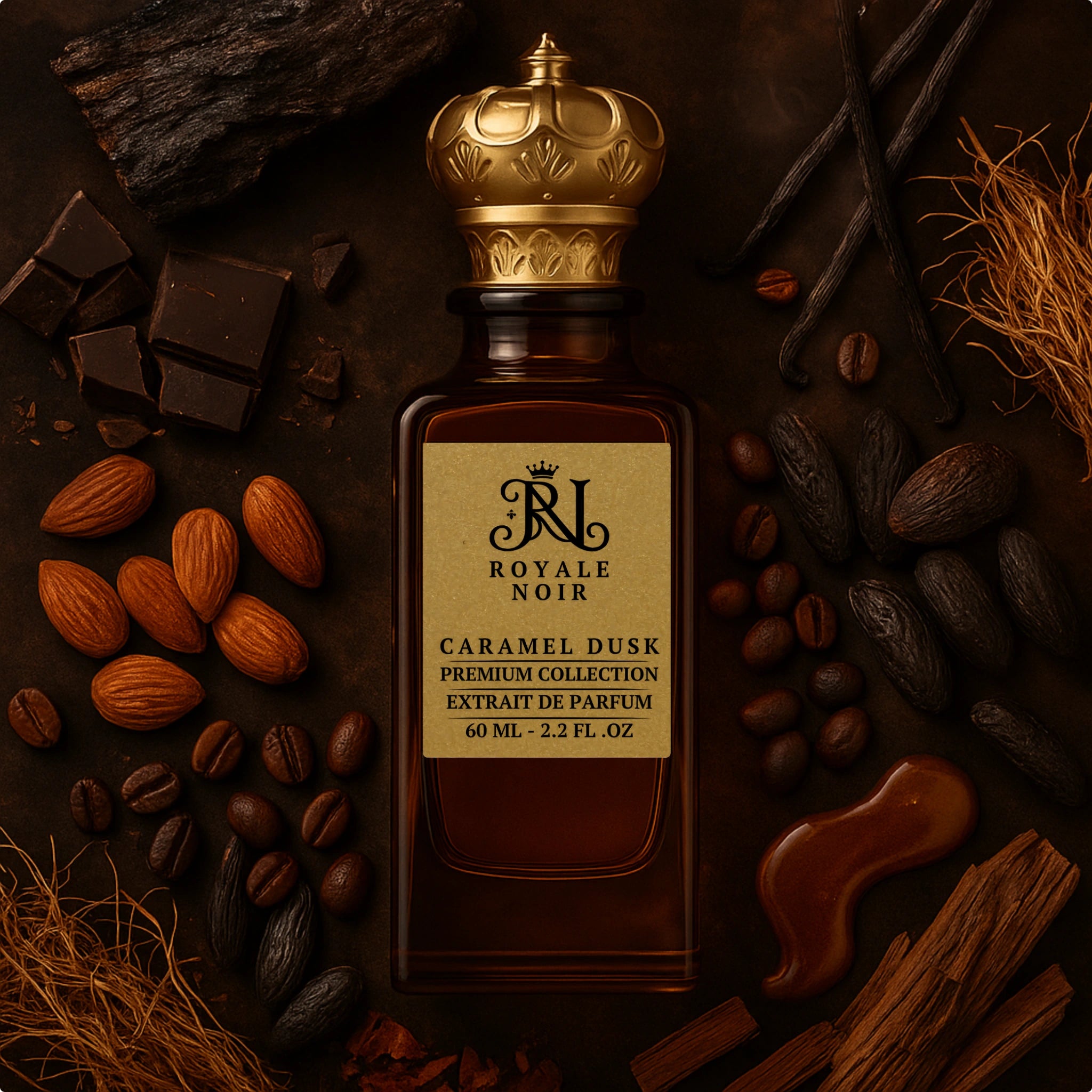 A brown perfume bottle labeled 