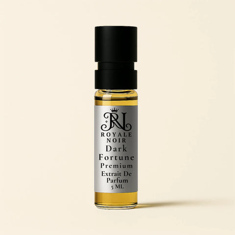 Royale Noir Dark Fortune 5ML perfume Tester Bottle on a beige background