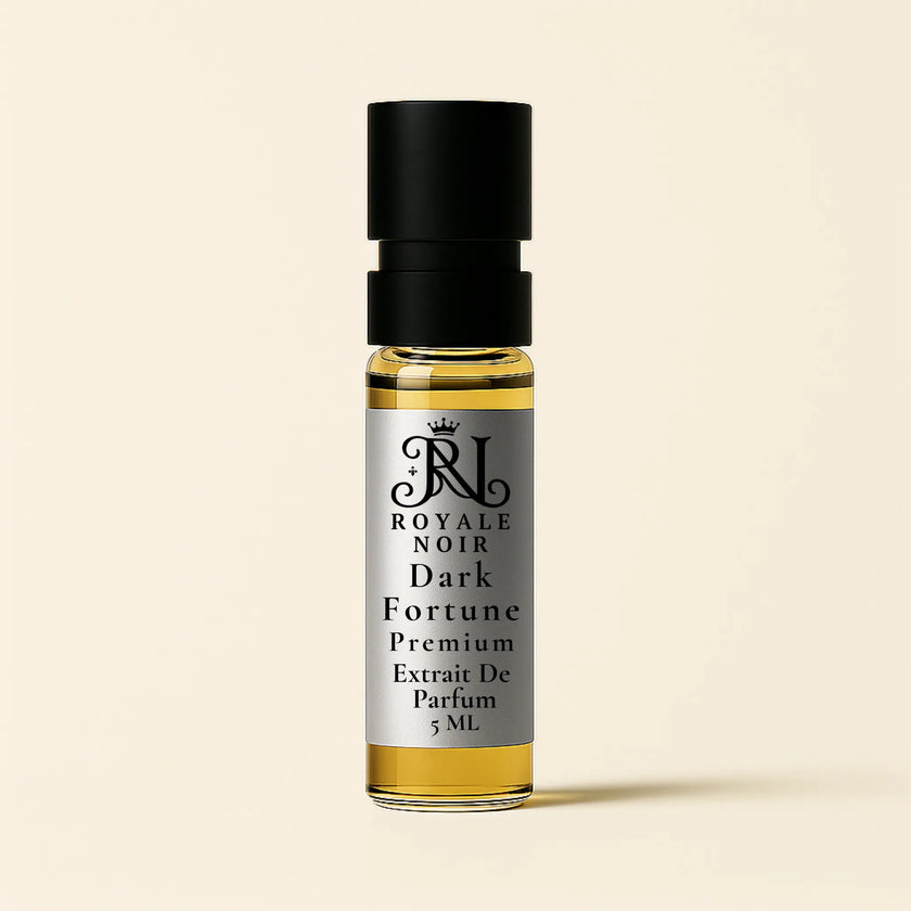 Royale Noir Dark Fortune 5ML perfume Tester Bottle on a beige background