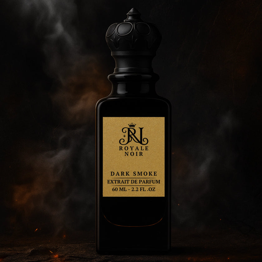 A black perfume bottle labeled 