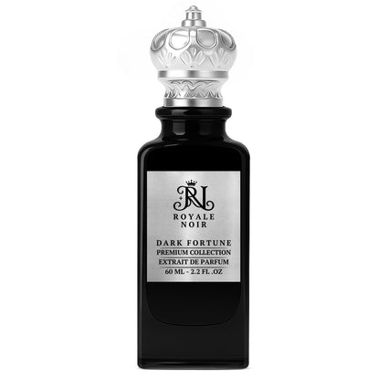 Dark Fortune Extrait De Parfum  Premium Collection by Royale Noir – Elegant Fragrance in Black Bottle With Silver Label And Silver Crown Cap.