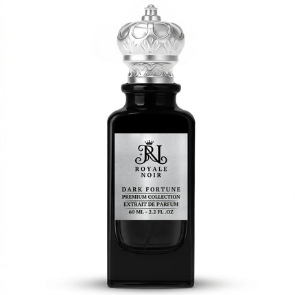 Dark Fortune Extrait De Parfum  Premium Collection by Royale Noir – Elegant Fragrance in Black Bottle With Silver Label And Silver Crown Cap.