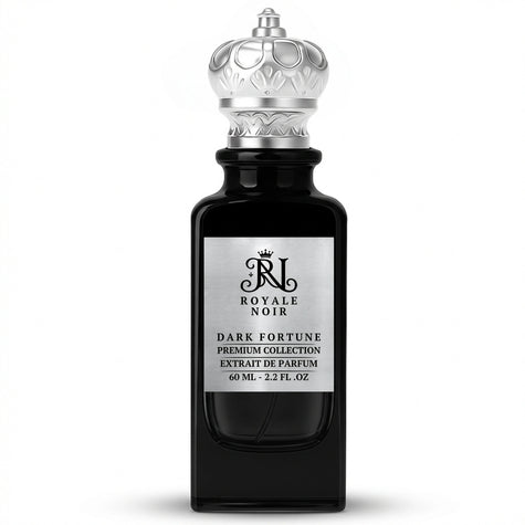 Dark Fortune Extrait De Parfum  Premium Collection by Royale Noir – Elegant Fragrance in Black Bottle With Silver Label And Silver Crown Cap.