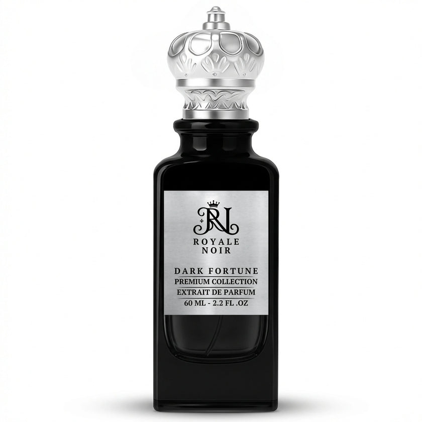 Dark Fortune Extrait De Parfum  Premium Collection by Royale Noir – Elegant Fragrance in Black Bottle With Silver Label And Silver Crown Cap.