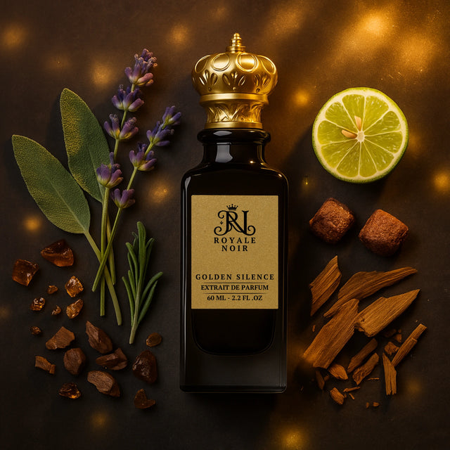 A luxurious black glass perfume bottle with a gold crown-shaped cap, labeled “Royale Noir – Golden Silence Extrait de Parfum, 60 mL – 2.2 FL. OZ.” The bottle is displayed on a dark background with soft golden light spots. Surrounding it are fresh and warm ingredients: sprigs of lavender, sage leaves, rosemary, a halved lime, brown sugar cubes, pieces of wood, amber resin chunks, and small dark oud pieces.