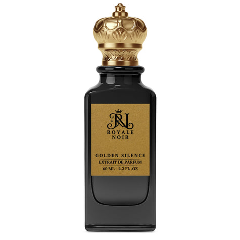 Golden Silence Extrait De Parfum by Royale Noir – Elegant Fragrance in Transparent Black Bottle With Gold Label And Gold Crown Cap.