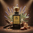 A luxurious black glass perfume bottle with a gold crown-shaped cap, labeled “Royale Noir – Golden Silence Extrait de Parfum, 60 mL – 2.2 FL. OZ.” The bottle is displayed on a dark background with soft golden light spots. Surrounding it are fresh and warm ingredients: sprigs of lavender, sage leaves, rosemary, amber cubes, pieces of wood, amber resin chunks, and small dark oud pieces.