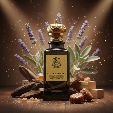 A luxurious black glass perfume bottle with a gold crown-shaped cap, labeled “Royale Noir – Golden Silence Extrait de Parfum, 60 mL – 2.2 FL. OZ.” The bottle is displayed on a dark background with soft golden light spots. Surrounding it are fresh and warm ingredients: sprigs of lavender, sage leaves, rosemary, amber cubes, pieces of wood, amber resin chunks, and small dark oud pieces.