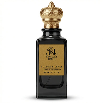 Golden Silence Extrait De Parfum by Royale Noir – Elegant Fragrance in Transparent Black Bottle With Gold Label And Gold Crown Cap.