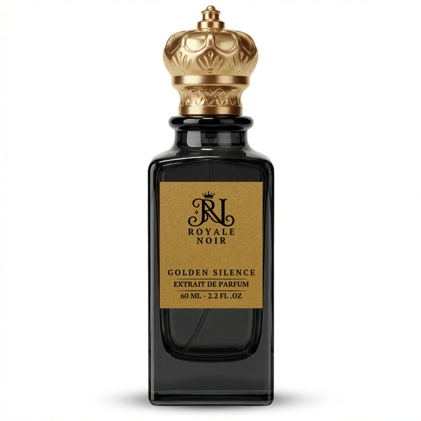 Golden Silence Extrait De Parfum by Royale Noir – Elegant Fragrance in Transparent Black Bottle With Gold Label And Gold Crown Cap.