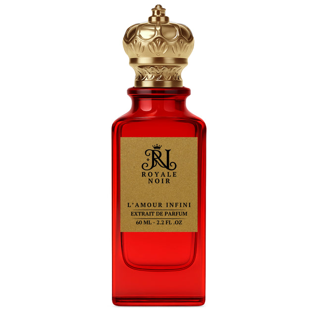 L'AMOUR INFINI Extrait De Parfum by Royale Noir – Elegant Fragrance in Transparent Red Bottle With Gold Label And Gold Crown Cap.