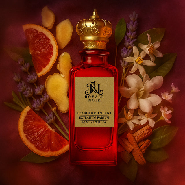 A luxurious royale noir red perfume bottle with a gold crown-shaped cap, labeled “Royale Noir – L’Amour Infini Extrait de Parfum, 60 mL – 2.2 fl. oz.” The bottle is surrounded by sliced blood orange, fresh ginger, sprigs of lavender, white jasmine flowers, green leaves, and cinnamon sticks, all set against a deep red background.