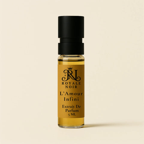 Royale Noir l'Amour Infini 5ML perfume Tester Bottle on a beige background