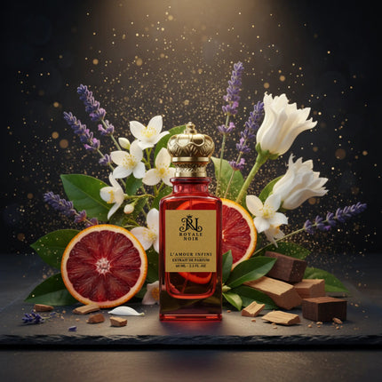 A luxurious royale noir red perfume bottle with a gold crown-shaped cap, labeled “Royale Noir – L’Amour Infini Extrait de Parfum, 60 mL – 2.2 fl. oz.” The bottle is surrounded by sliced blood orange, fresh ginger, sprigs of lavender, white jasmine flowers, green leaves, and cinnamon sticks.