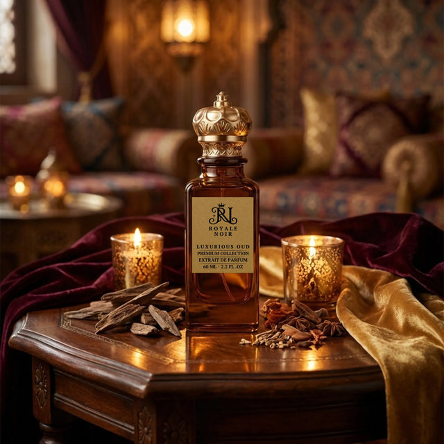Perfume bottle labelled 'Royale Noir' with gold cap on a wooden table with candles and incense, in a luxurious room.