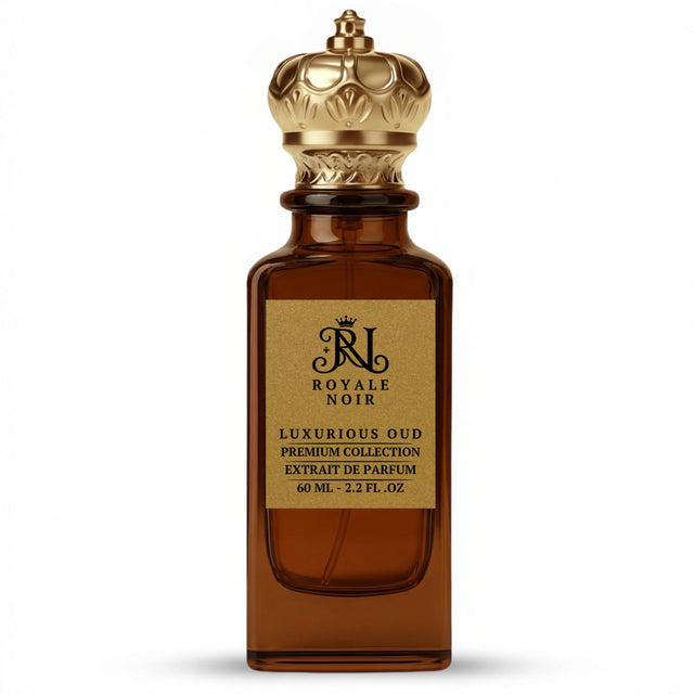 Brown perfume bottle with gold cap and 'Royale Noir' label on a white background