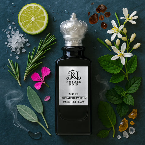 A black perfume bottle labeled 