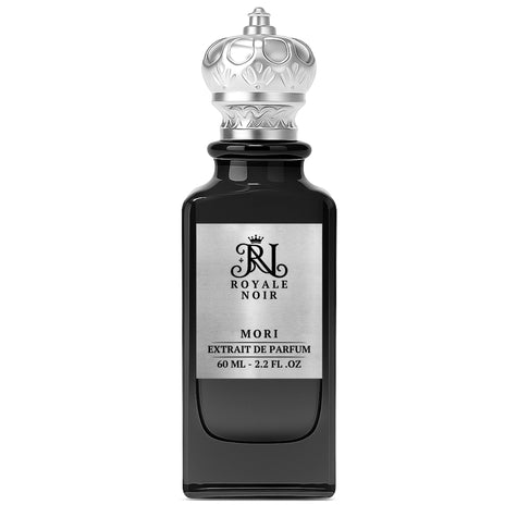 Mori Extrait De Parfum by Royale Noir – Elegant Fragrance in Transparent Black Bottle With Silver Label And Silver Crown Cap.