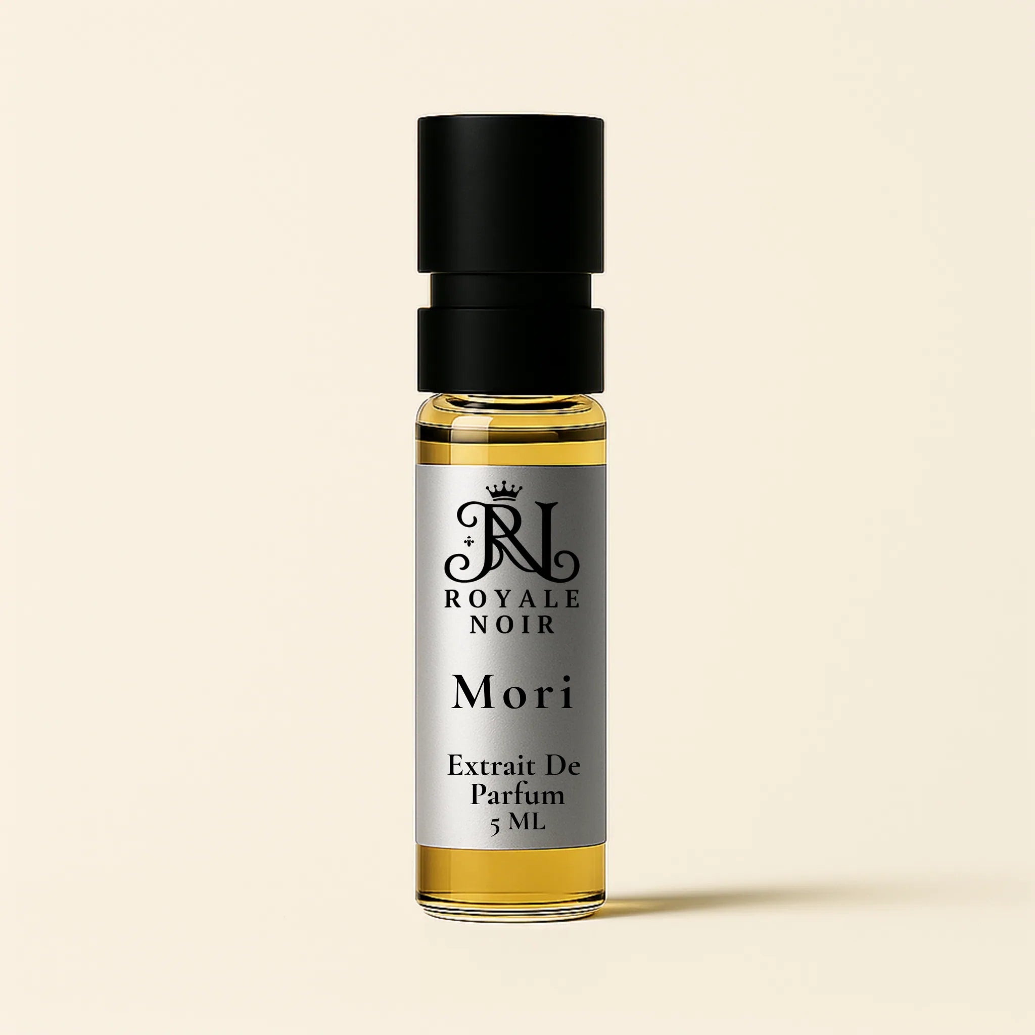 Royale Noir Mori 5ML perfume Tester Bottle on a beige background