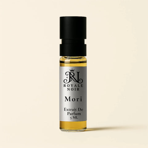 Royale Noir Mori 5ML perfume Tester Bottle on a beige background