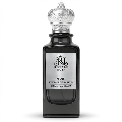 Mori Extrait De Parfum by Royale Noir – Elegant Fragrance in Transparent Black Bottle With Silver Label And Silver Crown Cap.