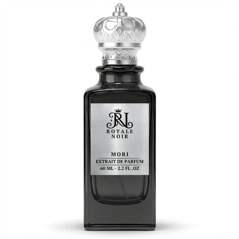 Mori Extrait De Parfum by Royale Noir – Elegant Fragrance in Transparent Black Bottle With Silver Label And Silver Crown Cap.