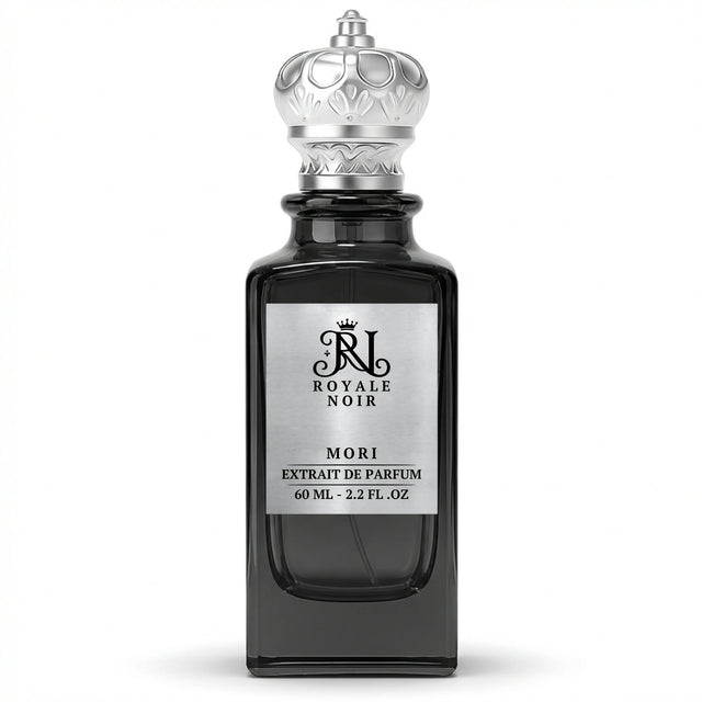 Mori Extrait De Parfum by Royale Noir – Elegant Fragrance in Transparent Black Bottle With Silver Label And Silver Crown Cap.