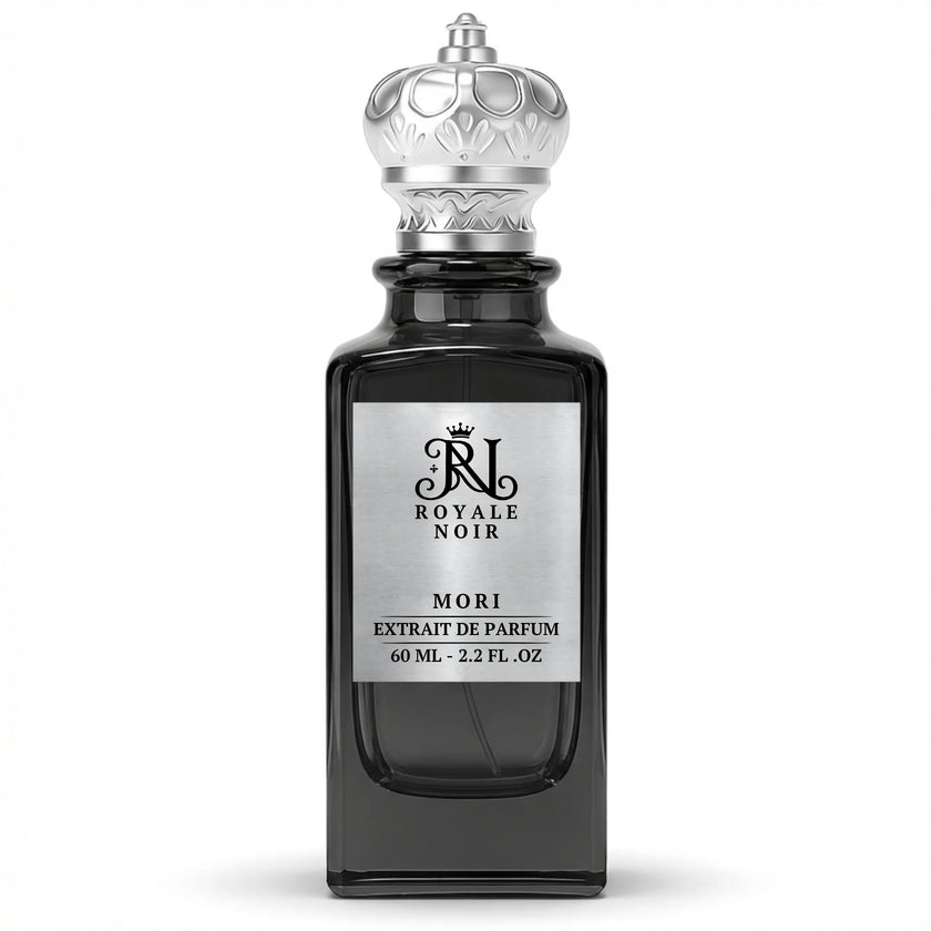 Mori Extrait De Parfum by Royale Noir – Elegant Fragrance in Transparent Black Bottle With Silver Label And Silver Crown Cap.
