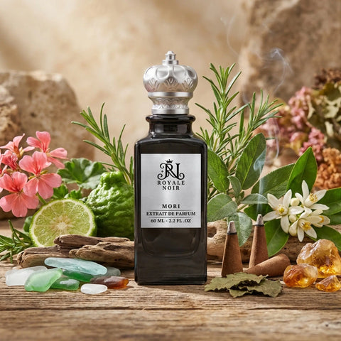 A black perfume bottle labeled 