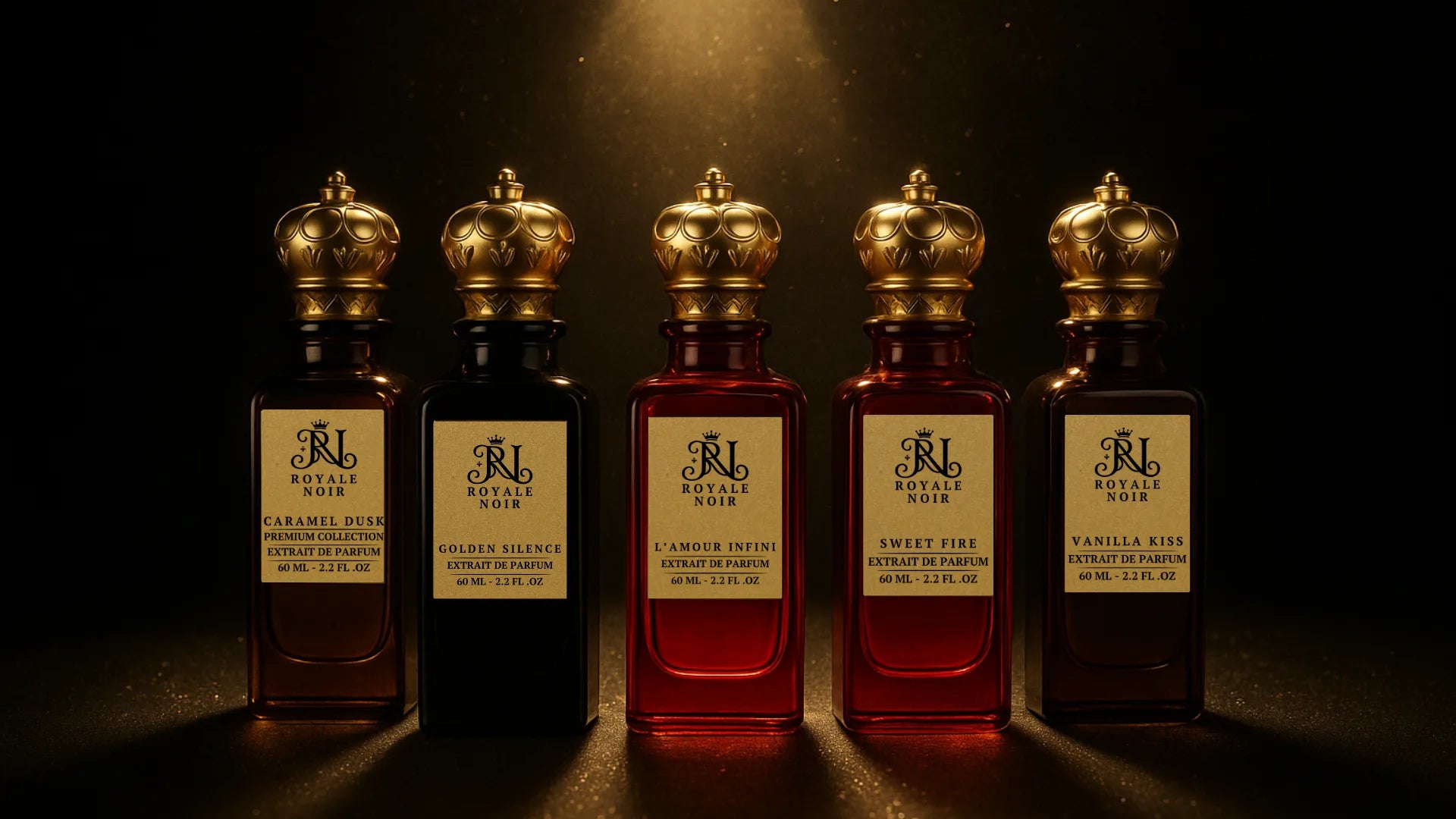 Five bottles of royale noir luxury perfume with gold caps on a dark background
