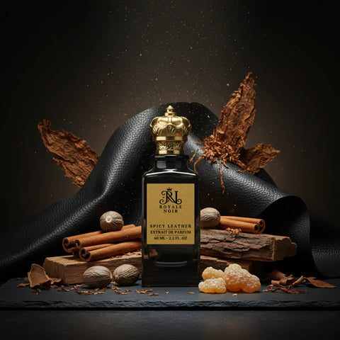 A black perfume bottle labeled 