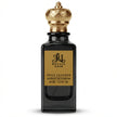 Spicy Leather Extrait De Parfum by Royale Noir – Elegant Fragrance in Transparent Black Bottle With Gold Label And Gold Crown Cap.