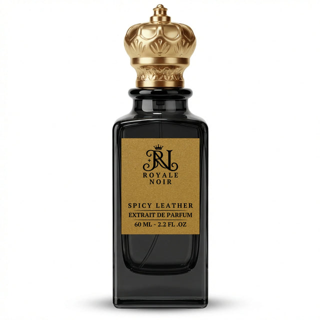 Spicy Leather Extrait De Parfum by Royale Noir – Elegant Fragrance in Transparent Black Bottle With Gold Label And Gold Crown Cap.