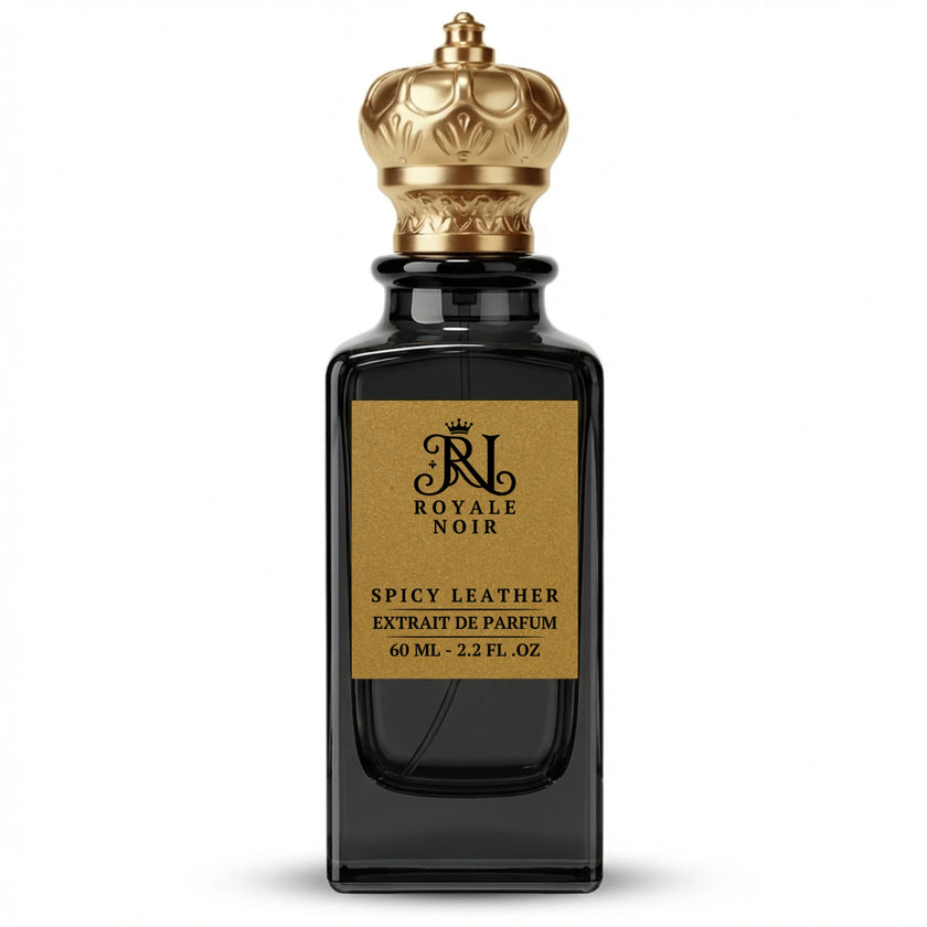 Spicy Leather Extrait De Parfum by Royale Noir – Elegant Fragrance in Transparent Black Bottle With Gold Label And Gold Crown Cap.