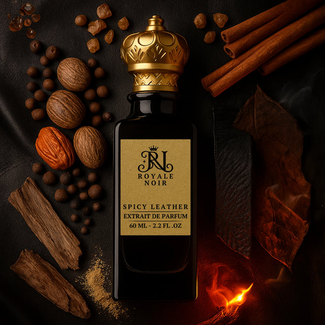A black perfume bottle labeled 