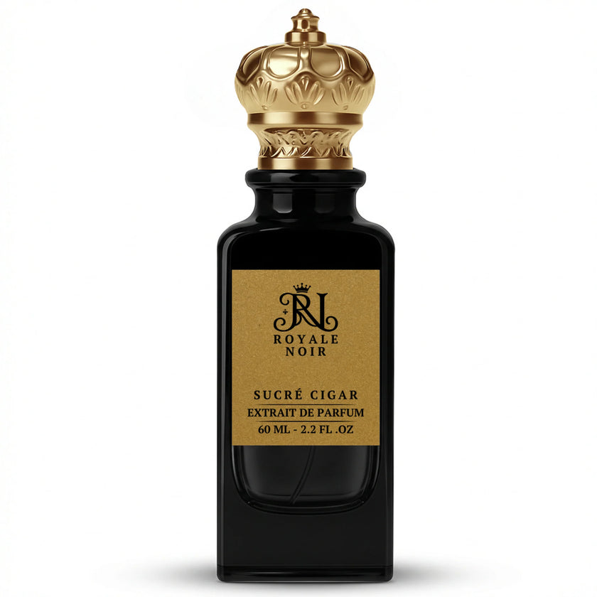 Black perfume bottle with gold cap and 'Royale Noir' label on a white background